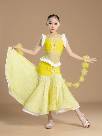 Yellow modern ballroom dance dresses for girls kids lace national standard waltz tango professional competition big skirt - Moderndancedress.com
