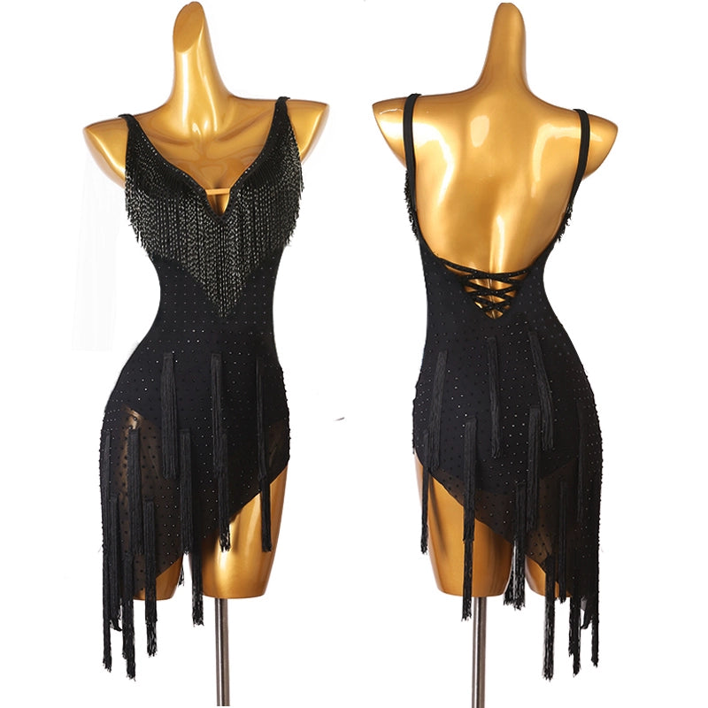 Black Bling Fringe Latin Competition Dance Dresses for Women Girls Latin Salsa Rumba Chacha Performance Outfits Irregular Hem Skirts - Moderndancedress.com