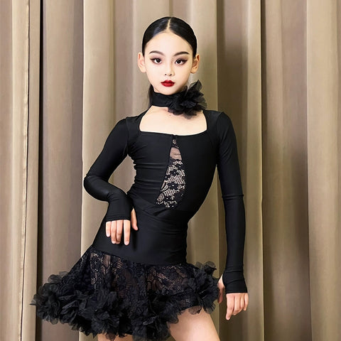 Girls Black lace rose flower Latin dance dresses for kids children girls ballroom salsa rumba chacha performance suit - Moderndancedress.com