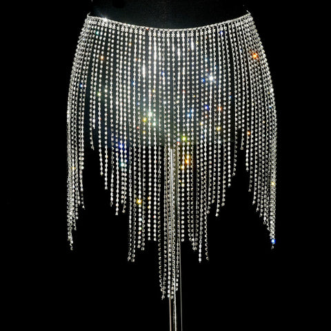 Women girls latin jazz rave dance Rhinestone tassel waist chain hollow bling hot pole dance tassel skirt belly dance body chain belts - Moderndancedress.com