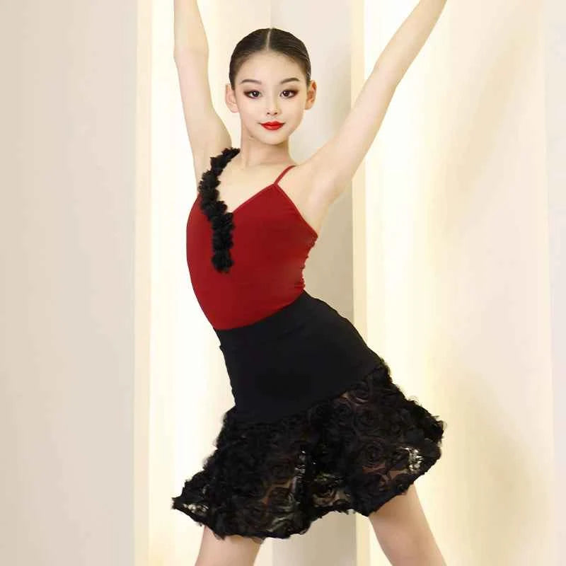 Black with Wine Rose Flowers Girls Latin Dance Dresses Kids Salsa Rumba Performance Costumes for Children