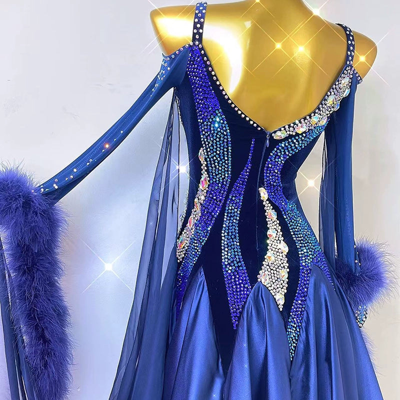 Custom Size Blue Ballroom Dance Dresses for Women Girls Waltz Tango Rhythm Smooth Modern Dance Long Gown for Female - Moderndancedress.com