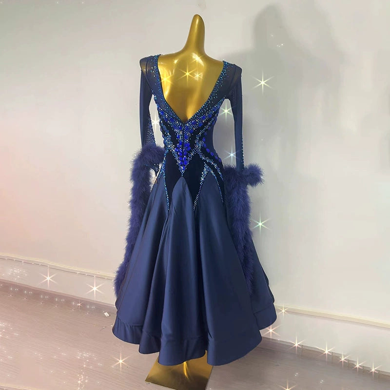 Custom Size Navy Feather Competition Ballroom Dance Dresses for Women Girls Waltz Foxtrot Smooth Dance Swing Skirts - Moderndancedress.com