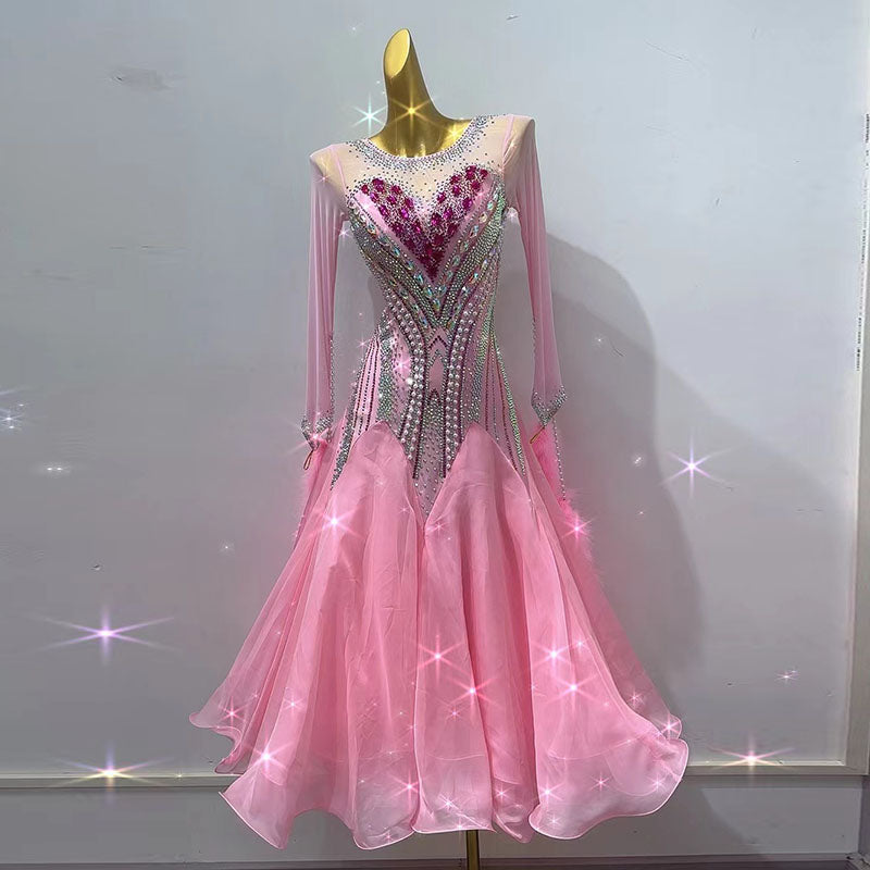 Customized Size Rhinestones Light Pink Competition Ballroom Dance Dresses for Women Girls Waltz Tango Foxtrot Rhythm Smooth Dance Swing Skirt - Moderndancedress.com