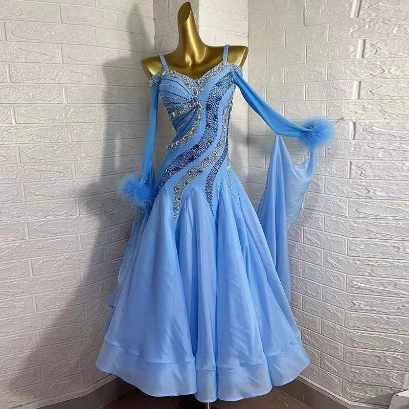 Custom Size Blue Competition Ballroom Dance Dresses for Women Tango Rhythm Social Dance Waltz Performance Gown