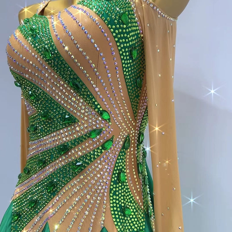 Customized Size Green Rhinestones Competition Ballroom Dance Dresses for Women Waltz Tango Rhythm Performance Gown - Moderndancedress.com