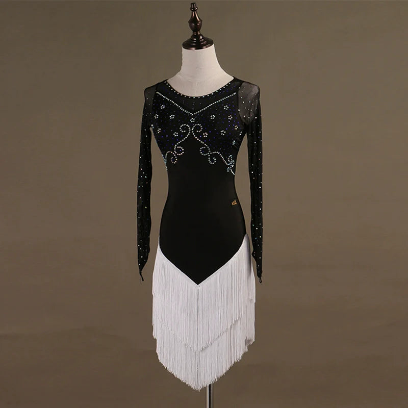 tassels Latin Dance Dresses long sleeves Rhinestones High Dress - Moderndancedress.com