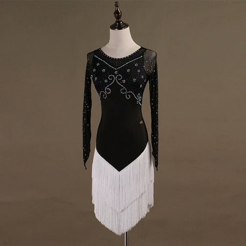 tassels Latin Dance Dresses long sleeves Rhinestones High Dress - 