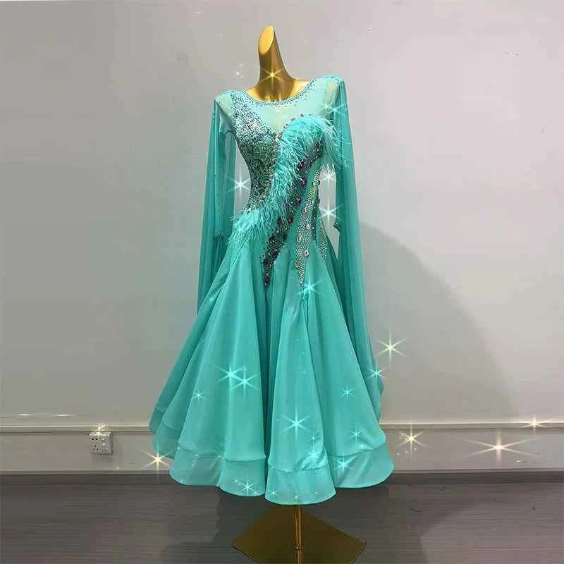 Customized Size Turquoise Competition Ballroom Dance Dresses for Women Girls Waltz Tango Foxtort Rhythm Dance Long Gown