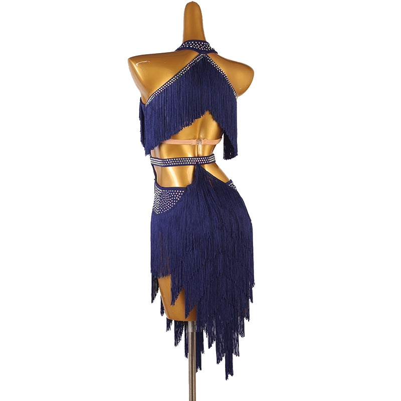 Latin Dance Competition Dresses for Women Girls Navy Yellow Blue Red Purple Dark Green Diamond Haler Neck Latin Salsa Rumba Chacha Dance Costumes - Moderndancedress.com