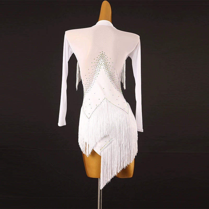 Black White Tube Bead Fringe Latin Dance Competition Dresses for Women Girls Salsa Rumba Chacha Performance Costumes Irregular Skirts - Moderndancedress.com