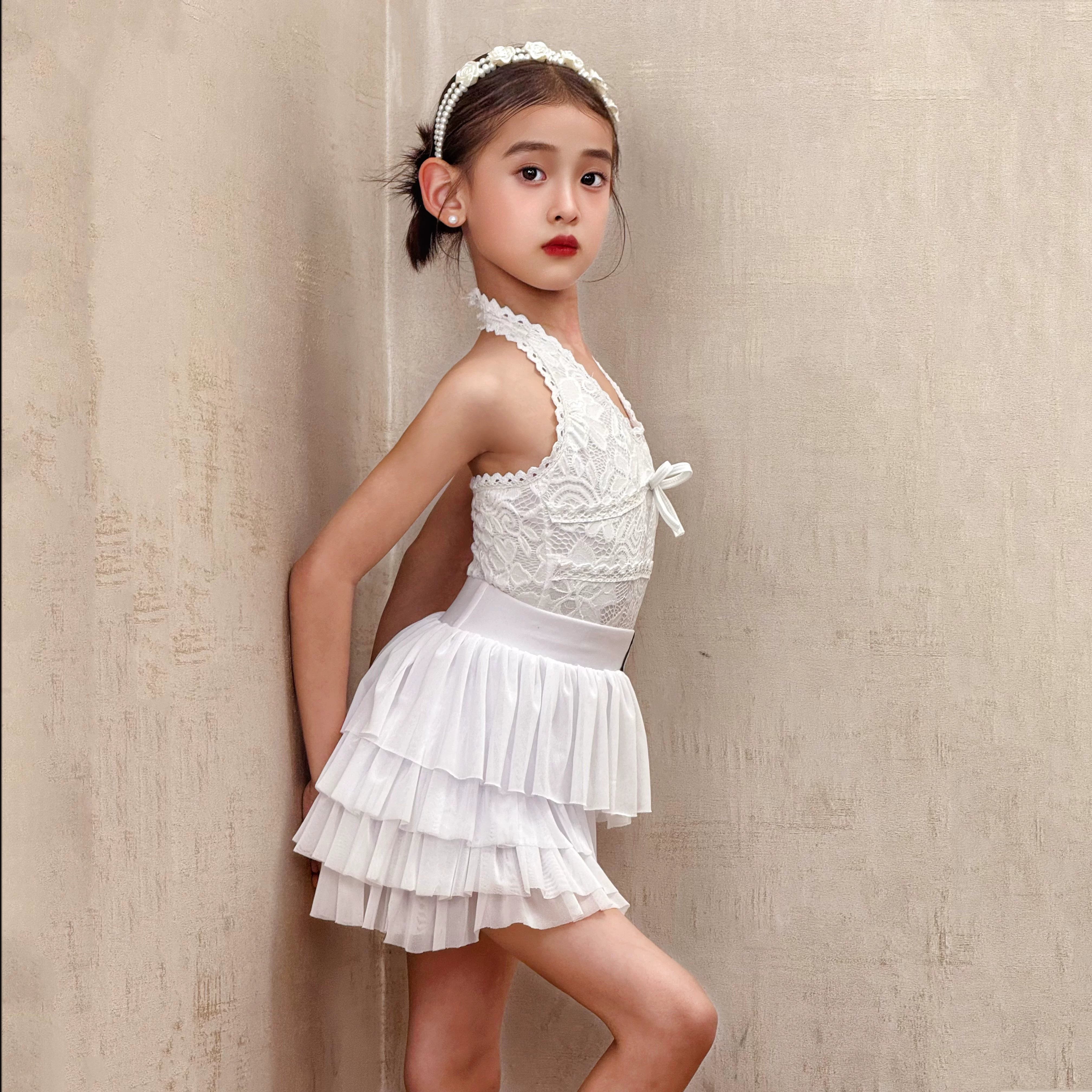Girls Latin Dance Dresses White Lace Ruffles Salsa Rumba Chacha Dance Wear for Kids - Moderndancedress.com