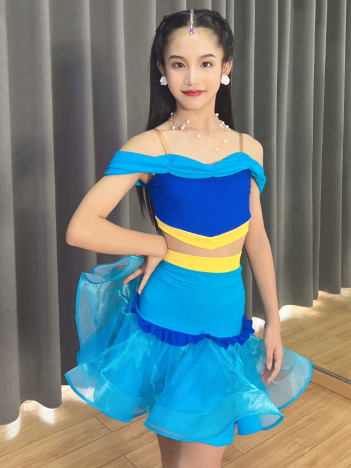 Blue yellow children's Latin dance dance dresses salsa ballroom performance skirts off-the-shoulder practice outfits for kids - Moderndancedress.com