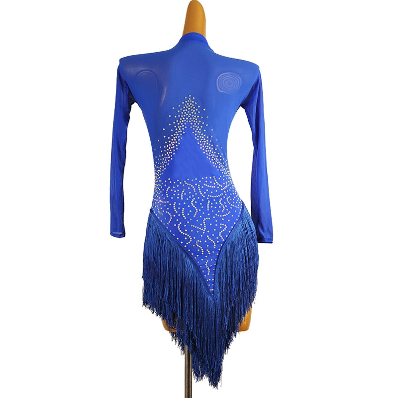 White Red Blue Fringe  Latin Dance Dress for Women Girls Purple Long Sleeves Rhinestones Competition Performance Rumba Chacha Dancing Costumes for Female - Moderndancedress.com