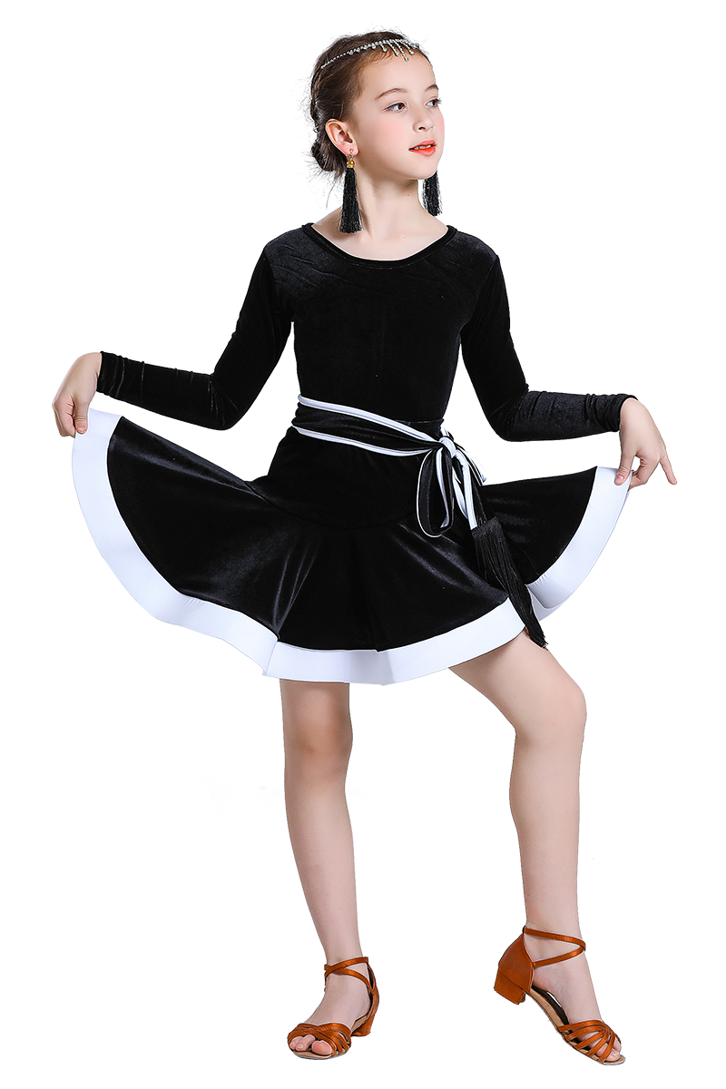 Children's Latin dance dress girl's gold velvet long sleeve split Latin suit training suit competition performance suit - Moderndancedress.com