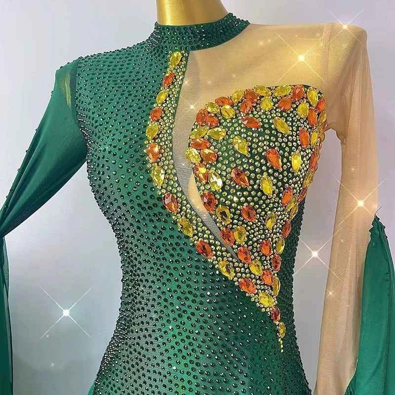 Custom Size Women's Green Ballroom Dance Dresses Gold Stones Smooth Dance Long Skirt