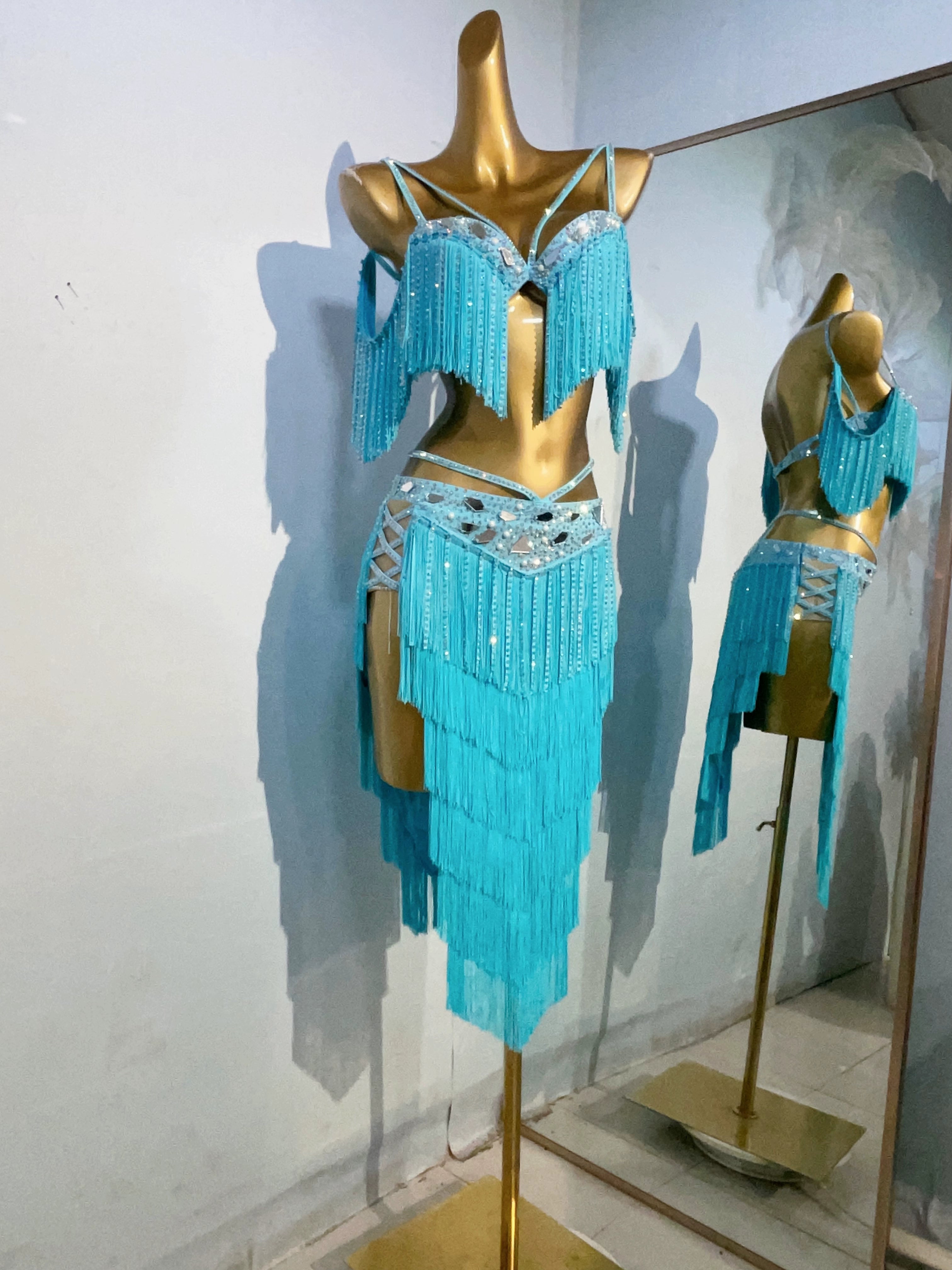 Custom Size Competition Blue Coffee Latin Dance Dresses Fringe Belly Dance Clothing for Women Girls - Moderndancedress.com