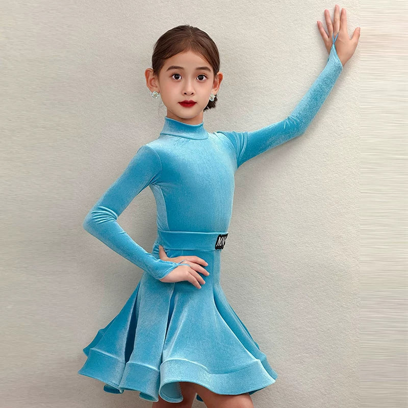 Girls' Neon Yellow Velvet Latin Dance Dress - Kids' Long Sleeve Rumba & Cha-Cha Costume