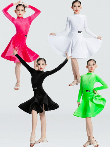 Girls kids Latin dance dresses green pink white black velvet high neck Latin ballroom dance costumes salsa chacha dance outfits - Moderndancedress.com