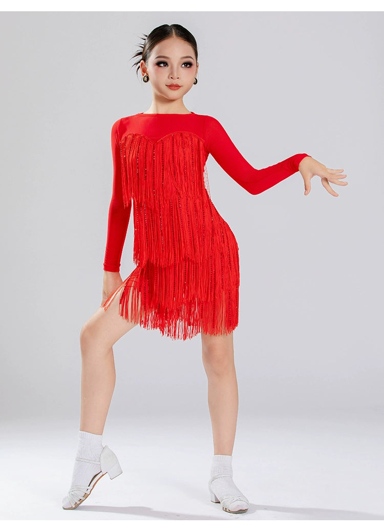 Girls Latin Dance Dresses Blue Red Black Fringe Salsa Rumba Chacha Ballroom Performance Costumes for Kids