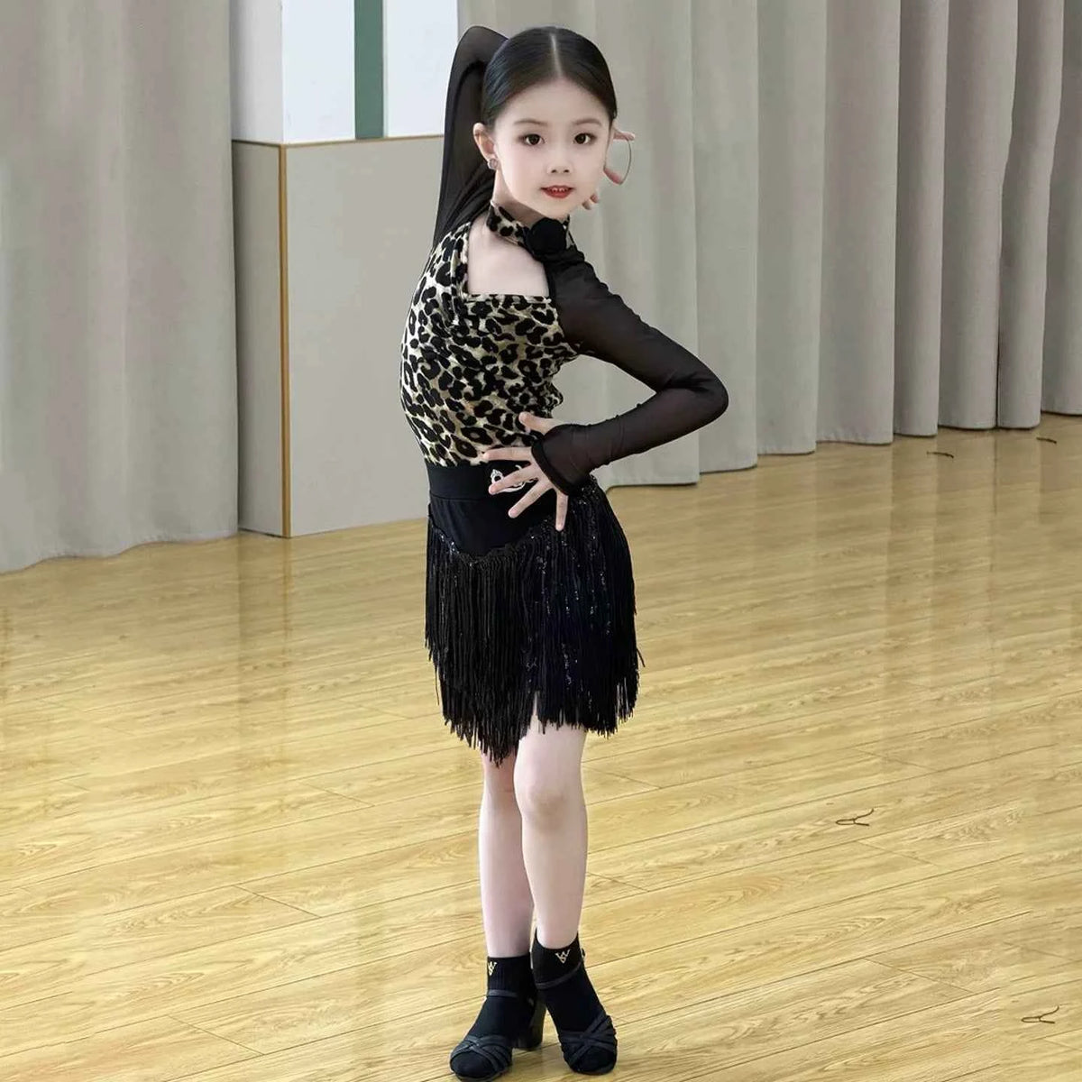 Black Leopard Print Girls Latin Dance Dress, Two‑Piece Tassel dress Set