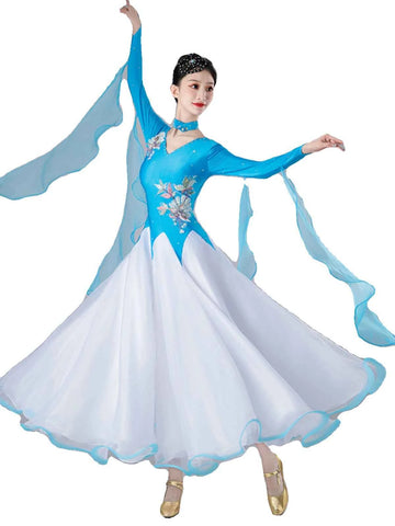 Women's Blue ballroom dance Dresses girls waltz tango foxtrot smooth performance costumes for Female - Moderndancedress.com