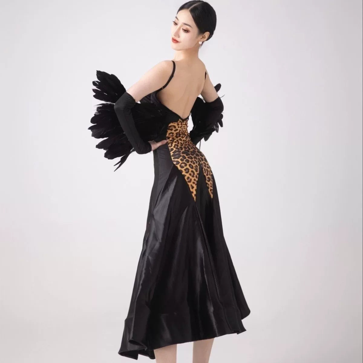 Women Leopard Ballroom Dance Dresses Feather Waltz Tango Rhythm Performance Costumes for Female - Moderndancedress.com