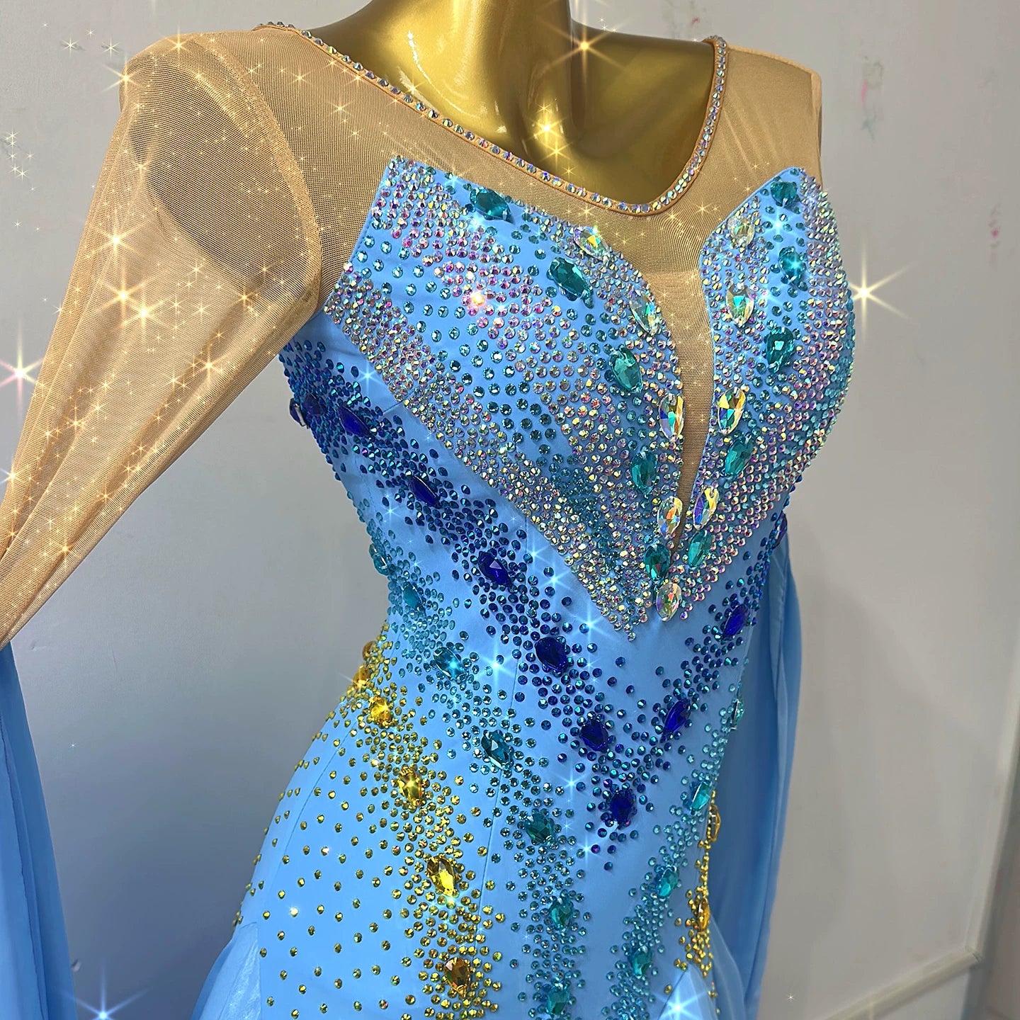Custom Size Blue Crystal Competition Ballroom Dance Dress Waltz Tango Foxtrot Dance Gown