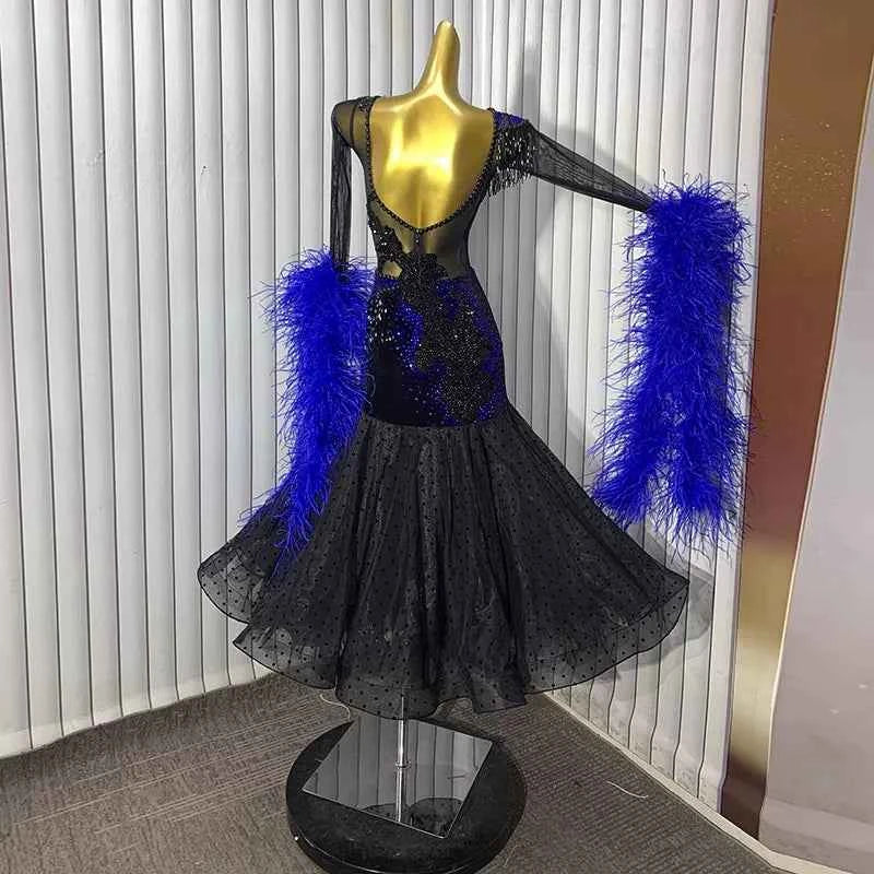 Custom Size Black with Blue Competition Ballroom Dance Dress Polka Dot Tango Smooth Rhythm Performance Long Gown
