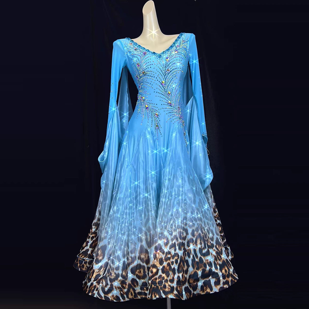 Customized Blue Competition Ballroom Dance Dresses Waltz Tango Foxtrot Dancing Gown