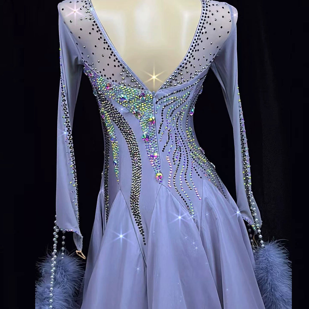 Customized Competition Ballroom Dance Dress Purple Crystal Waltz Rhythm Performance Long Gown