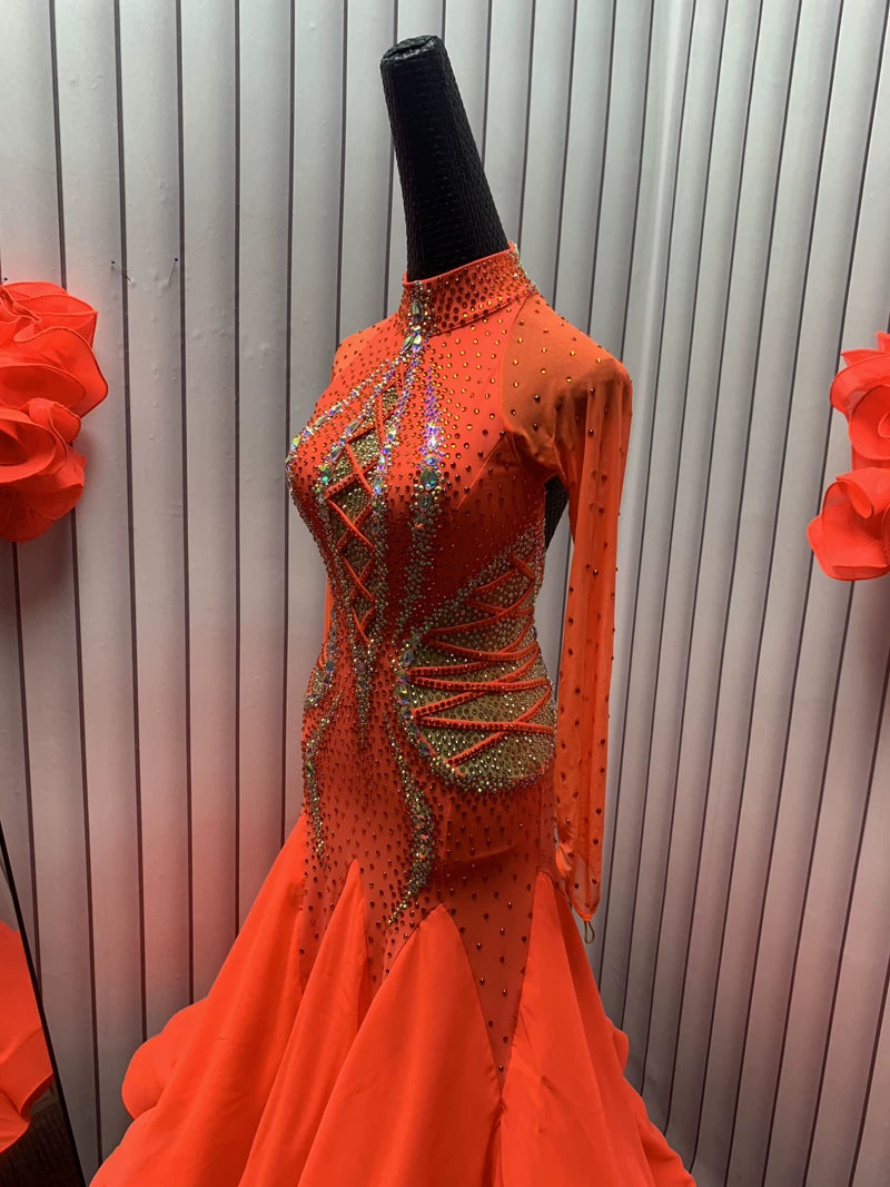 Custom Orange Gold Crystal Ballroom Dance Dress Competition Gown