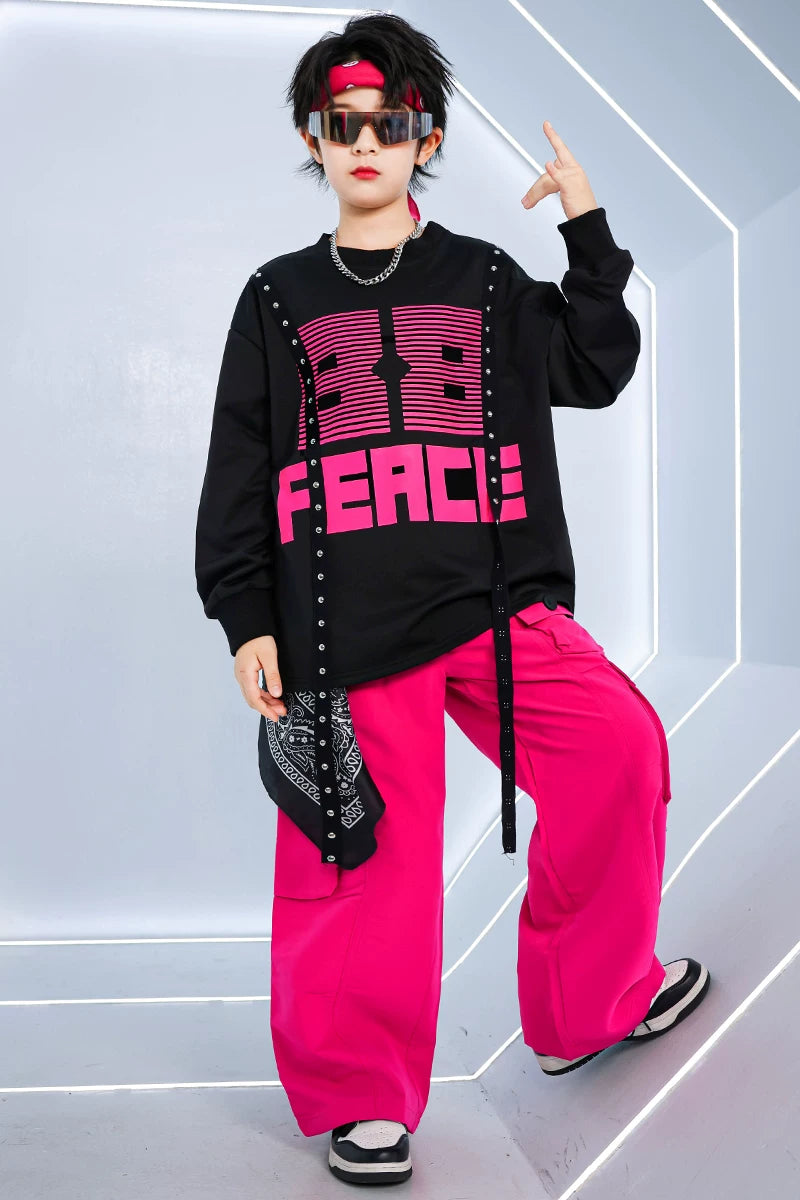 Girls Jazz Dance Costume K-Pop Dance Outfit | Black Crop Top & Pink Tiered Ruffle Skirt Set