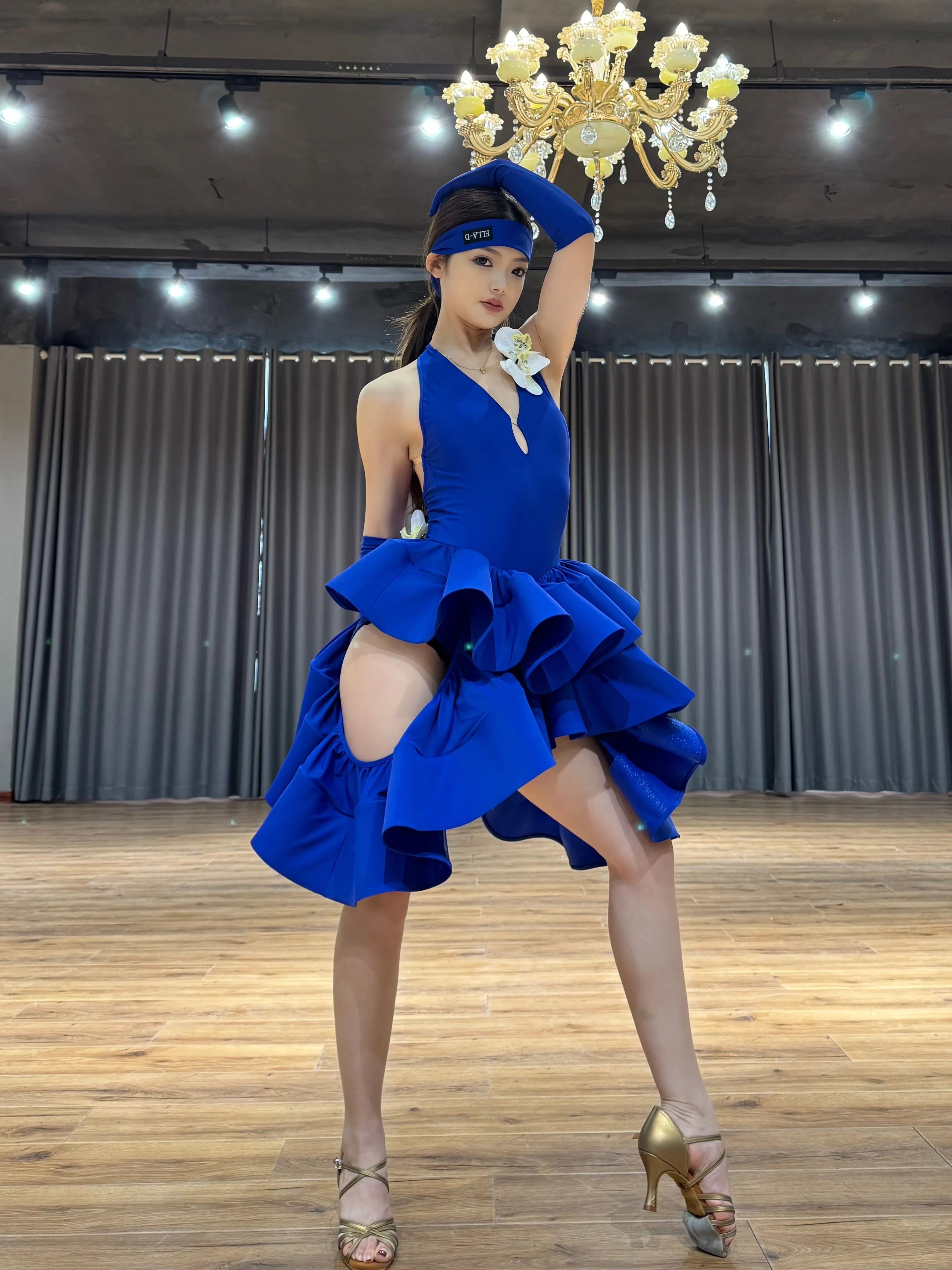 Women Latin Dance Dresses Ruffles Red Royal Blue Flowers Salsa Rumba Chacha Performance Costumes