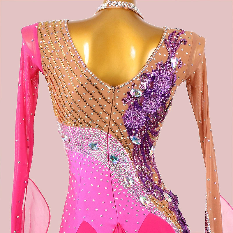 Custom Size Fuchsia Ballroom Dance Dresses for Women Girls Diamond Waltz Foxtrot Smooth Dance Long Gown
