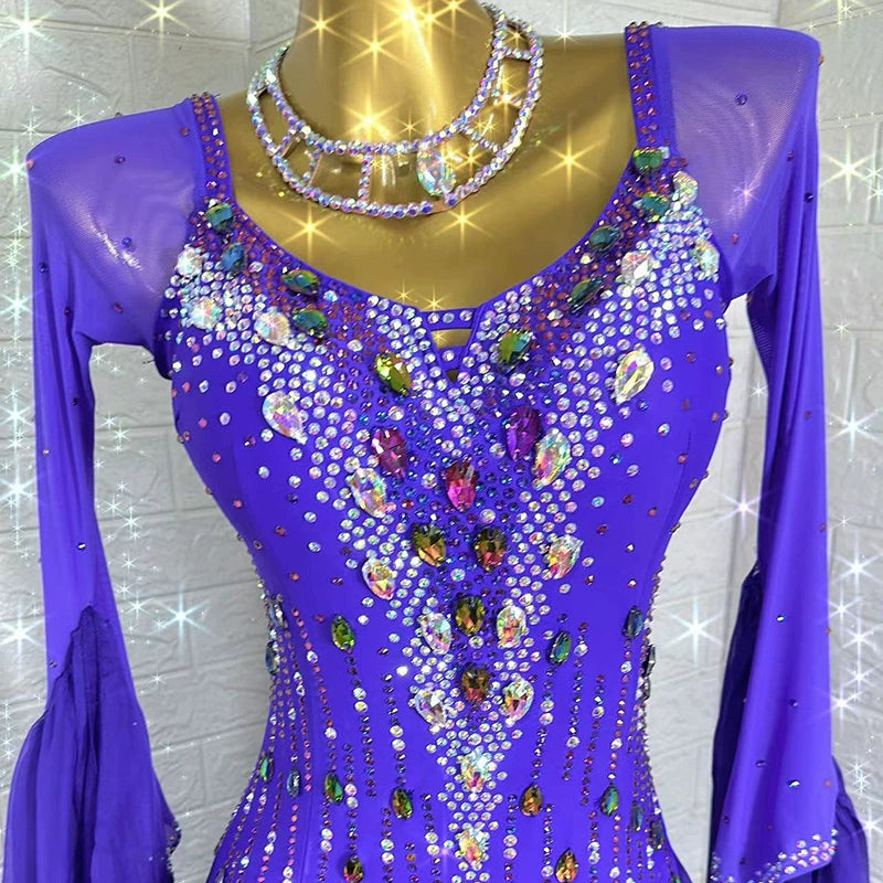 Customized Size Violet Competition Ballroom Dance Dresses for Women Girls Waltz Tango Rhythm National Dance Long Gown - Moderndancedress.com