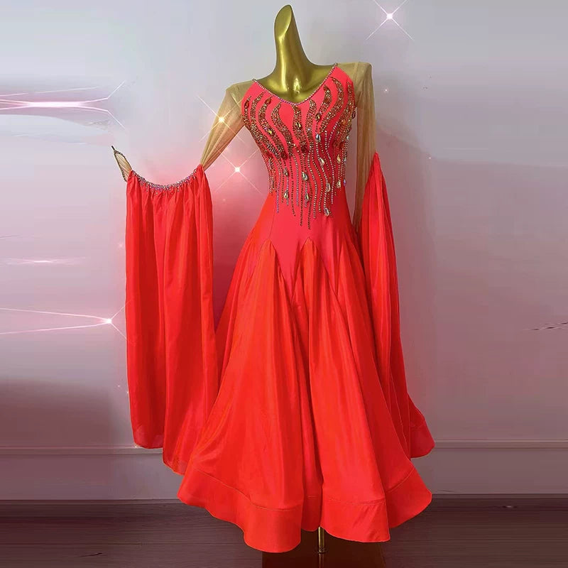 Custom Coral Red Ballroom Dance Competition Dress with Crystals Waltz Foxtrot Rhythm Gown