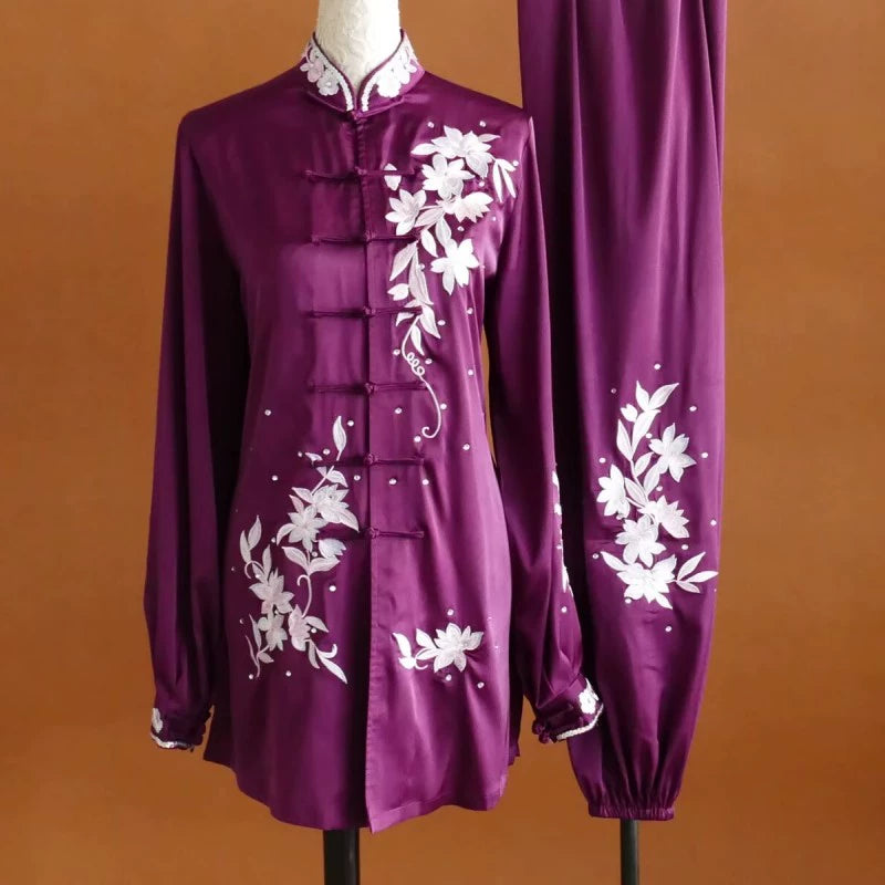Customized size Competition Tai chi clothing  purple green Taijiquan clothes chinese kung fu uniforms Group performance suit for female - Moderndancedress.com
