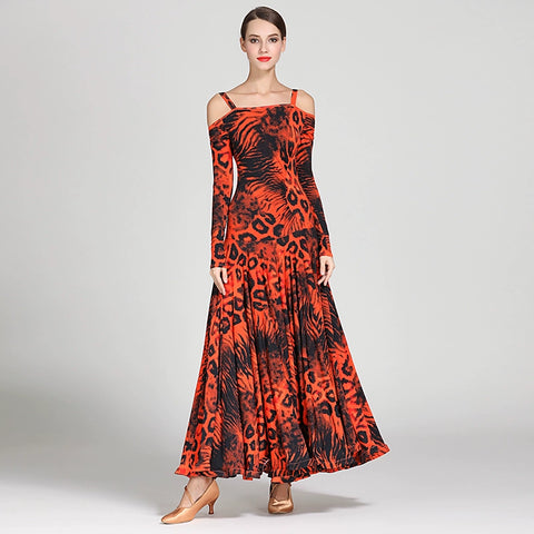 Ballroom dance dresses for women girls red orange blue leopard practice waltz tango dancing gown flamenco swing skirts - Moderndancedress.com