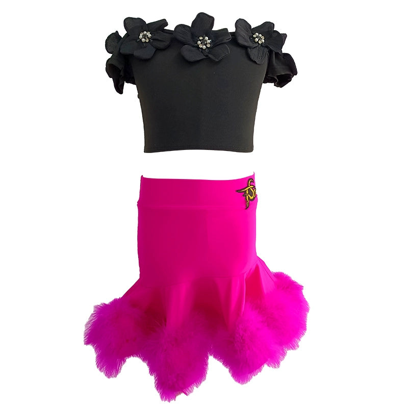 Hot Pink Feather Black Flowers Latin Dance Dresses for Girls Kids Dew Shoulder Salsa Rumba Chacha Ballroom Modern Dancing Outfits Performance Test Clothes - Moderndancedress.com