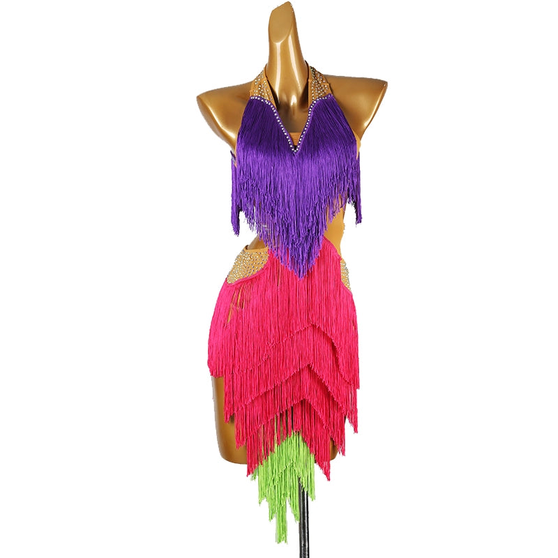 Rainbow Fringe Competition Latin Dance Dresses for Women Girls Salsa Rumba Chacha Performance Costumes - Moderndancedress.com