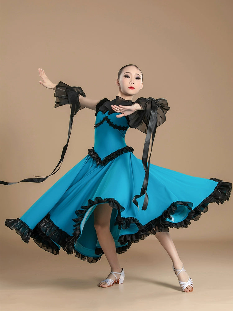 Blue modern ballroom dance dresses for kids girls national tango waltz dance professional competition uniform for Children - Moderndancedress.com