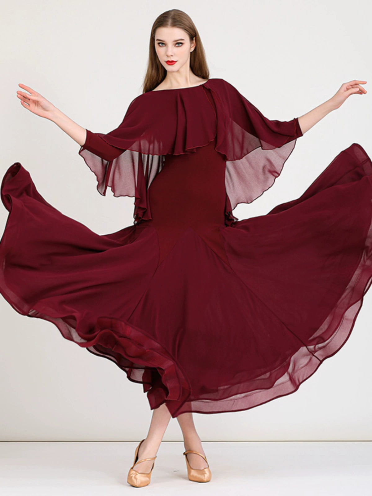 Burgundy Modern Flowy Ruffles Sleeves Ballroom Dance Dress for Women Girls National Foxtrot Smooth Tango Waltz Dance Long Gown Moderndancedress.com Burgundy Modern Flowy Ruffles Sleeves Ballroom Dance Dress for Women Girls National Foxtrot Smooth Tango Waltz Dance Long Gown Moderndancedress.com
