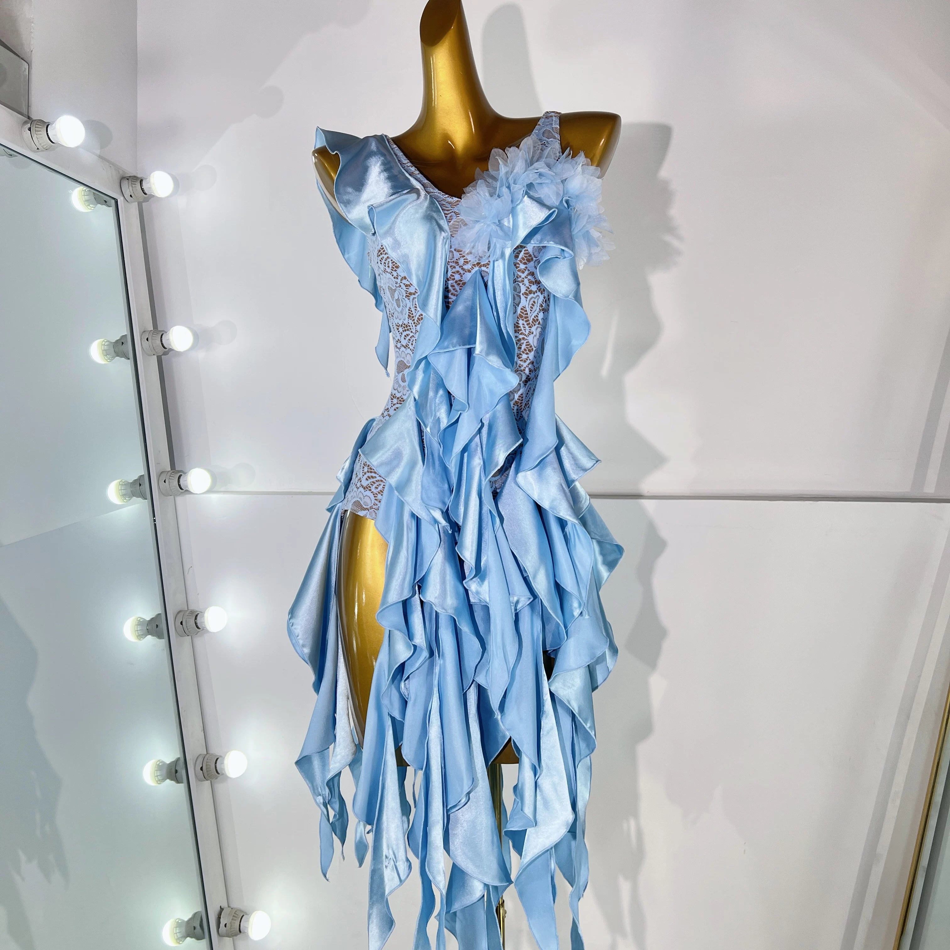 Custom Size Blue Lace Latin Dance Dress Salsa Ballroom Irregular Hem Fringe Skirt