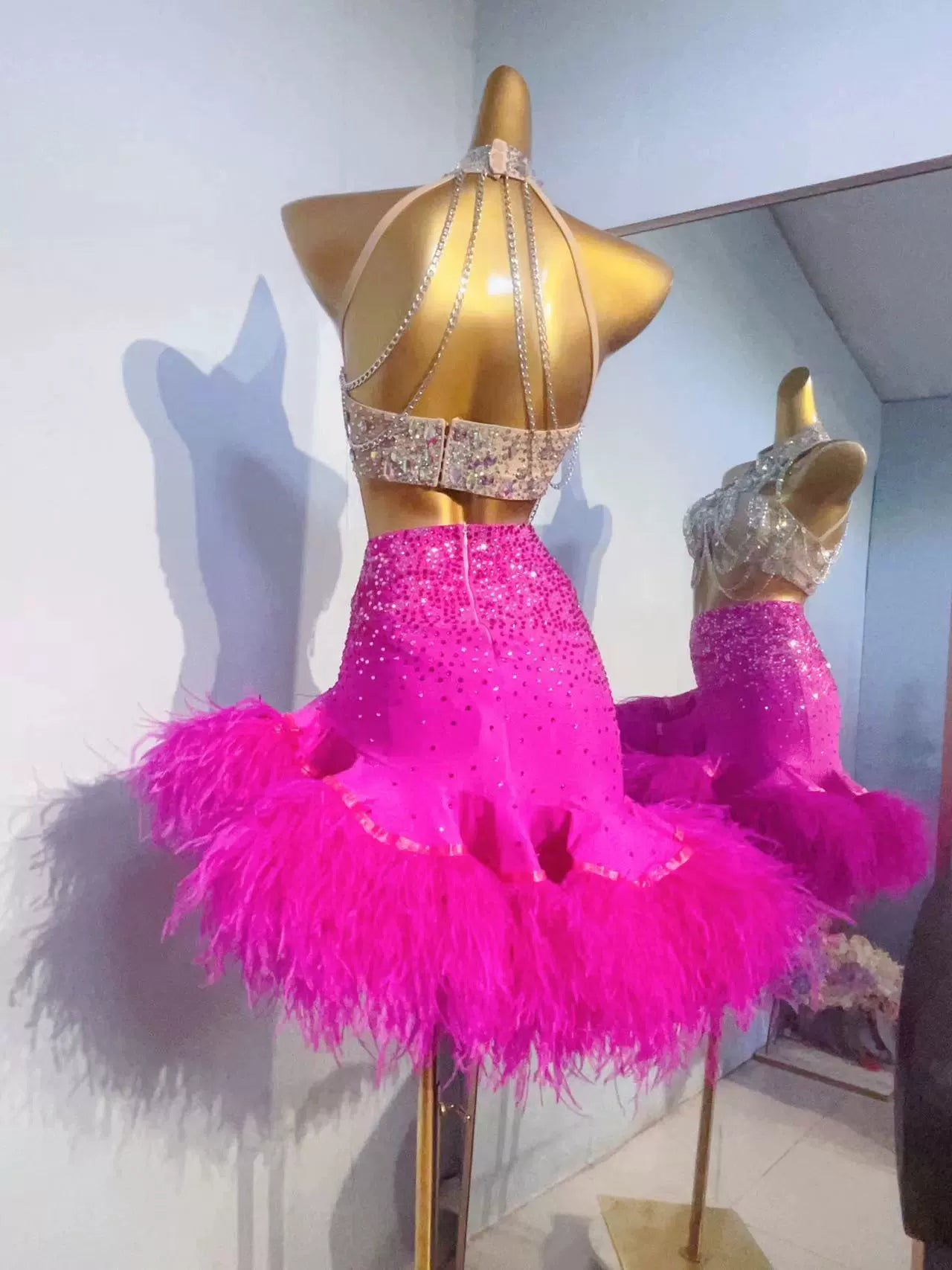 Custom Size Competition Blue Pink Feather Latin Dance Dresses for Women Girls Salsa Rumba Chacha Dance Wear - Moderndancedress.com