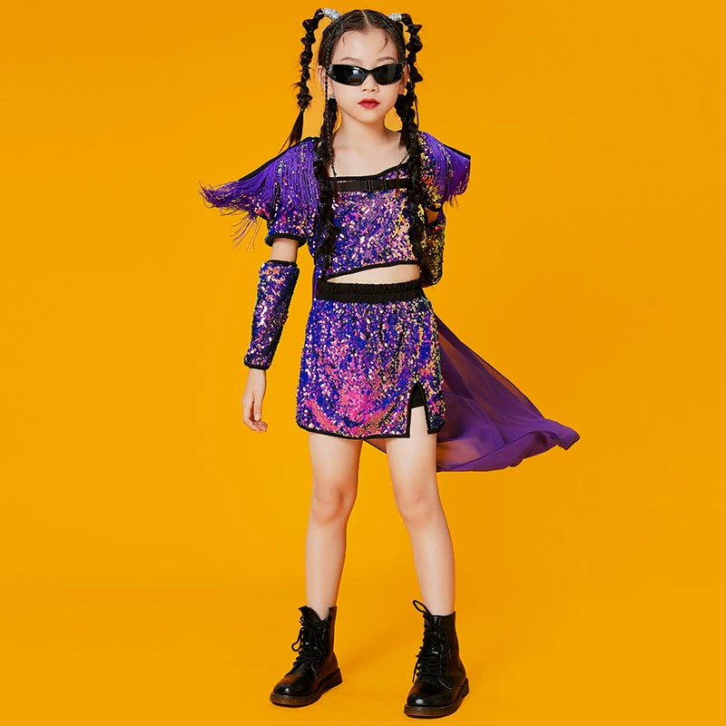 Children's Purple Red Sequins Street Jazz Dance Costumes Party Rapper Singers Gogo Dancers Wear Runway Model Walk Show Outfits - Moderndancedress.com