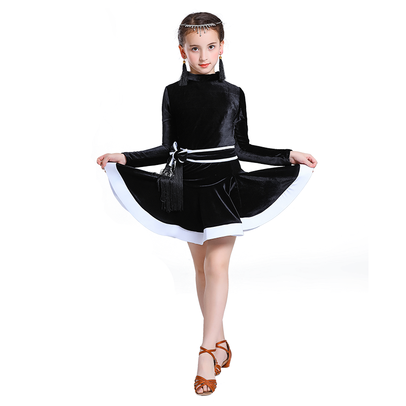 Children's Latin dance dress girl's gold velvet long sleeve split Latin suit training suit competition performance suit - Moderndancedress.com