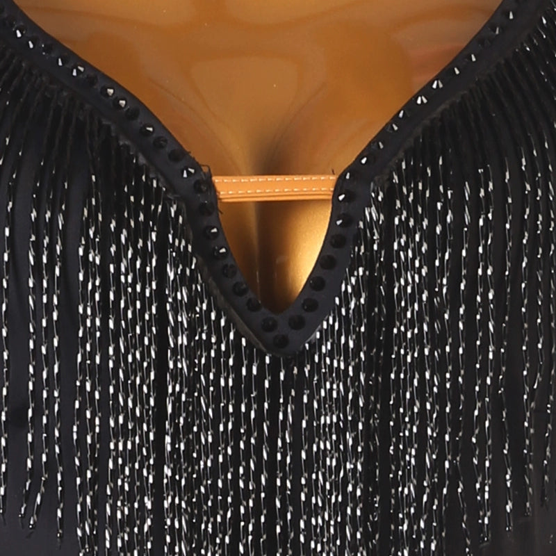 Black diamond tassels competition ballroom dance dresses for women girls High-end tube bead modern waltz tango dance performance clothes - Moderndancedress.com