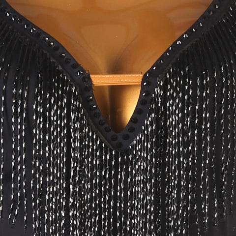 Black diamond tassels competition ballroom dance dresses for women girls High-end tube bead modern waltz tango dance performance clothes - Moderndancedress.com