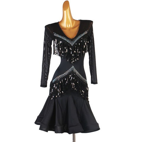 Black red tassel diamond Latin dance dress for women stage performance competition latin suit professional rumba chacha jitba dance skirt - Moderndancedress.com